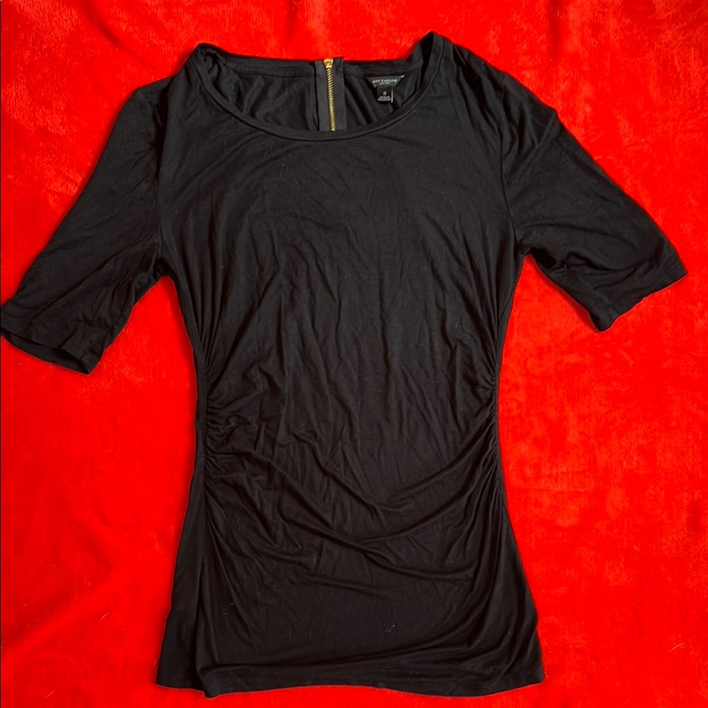 Ann Taylor Black Fitted Ruched Blouse